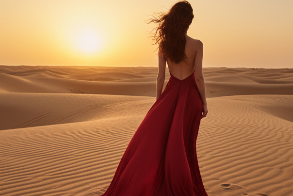 Mode Sahara – De dos, chevelure ondulée au vent